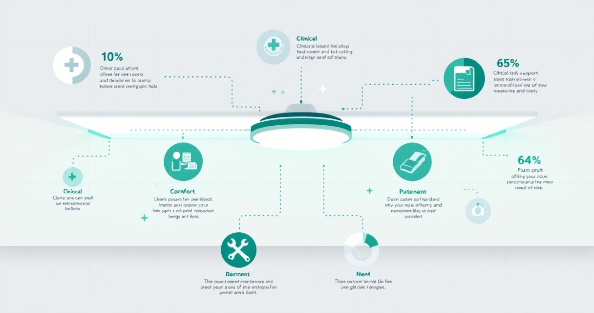 Infographic showing healthcare LED drop-ceiling lighting decisions, including benefits, 2026 specification priorities, room-based fixture choices, common mistakes to avoid, and an upgrade planning flow.