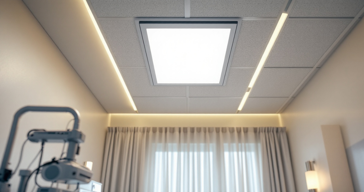 Modern healthcare exam room with glare-free LED drop ceiling lighting and green privacy curtain accent