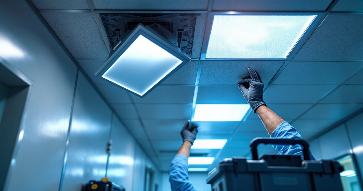 Hospital corridor ceiling showing poorly matched LED troffers and installation errors