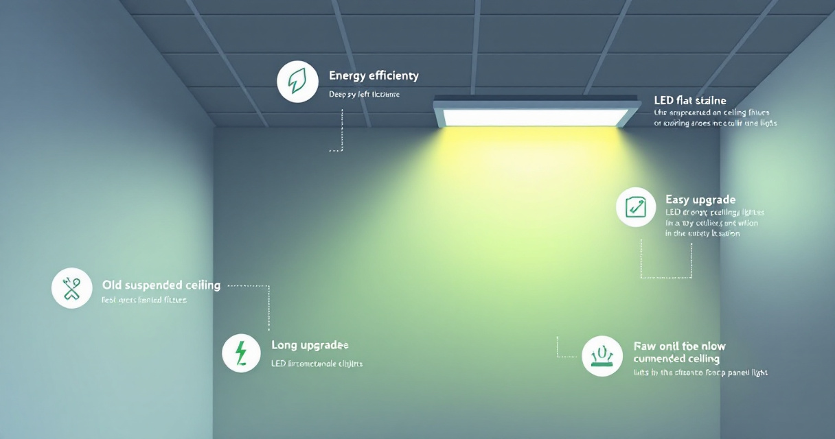 Infographic showing how to choose LED drop ceiling lights for renovation projects, with fixture types, lighting specification, retrofit pitfalls, and planning workflow.