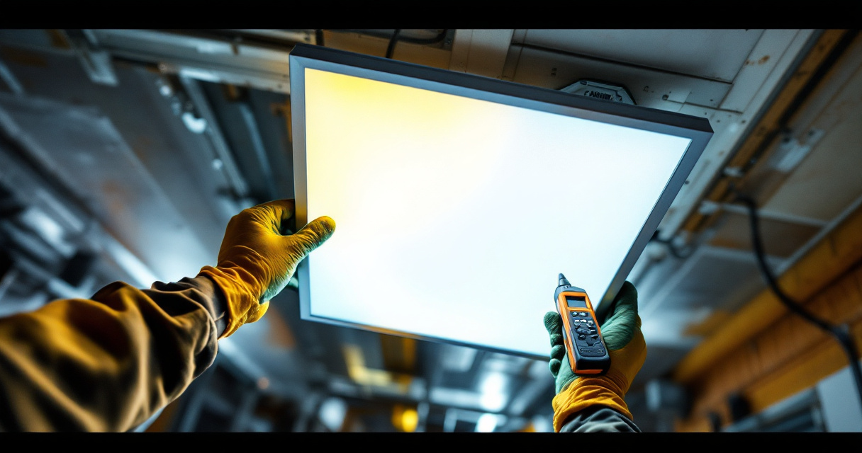 Retrofit mistakes in suspended ceiling lighting installation with corrected LED panel fit in progress