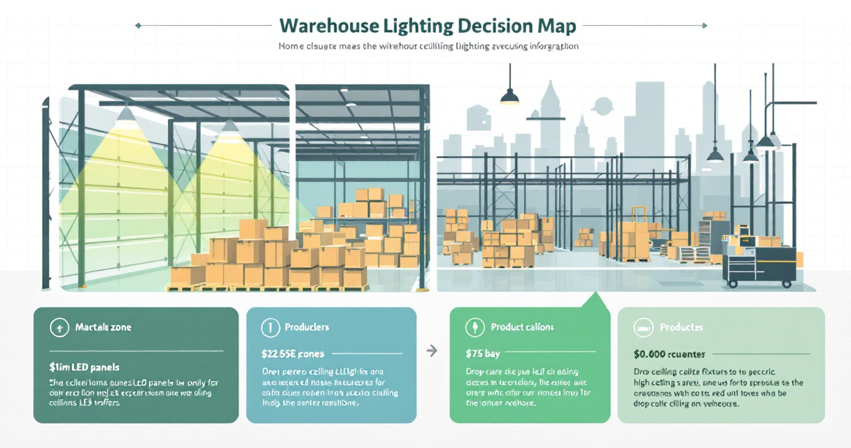 Infographic showing how to choose LED drop ceiling panels, troffers, sizing, controls, and maintenance for suspended-ceiling warehouse areas.