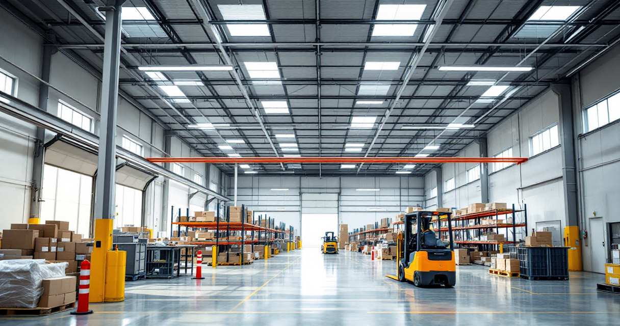 LED panels and troffers installed above warehouse task areas in a suspended ceiling grid