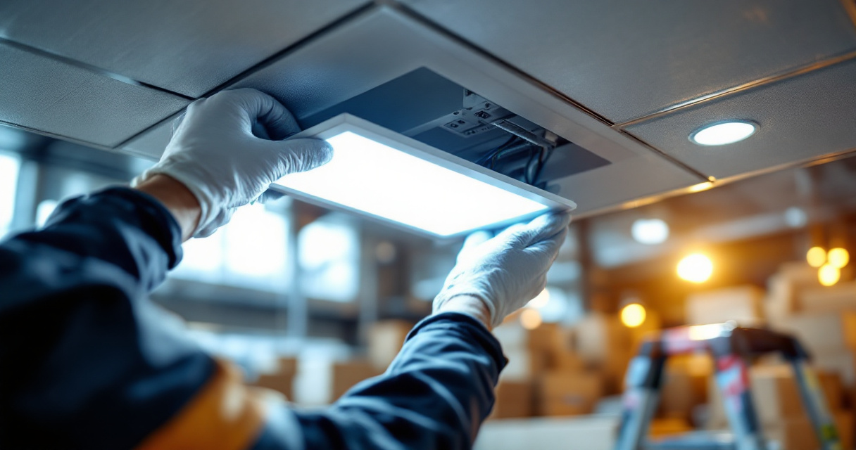 Technician accessing LED troffer wiring and hardware above a warehouse drop ceiling