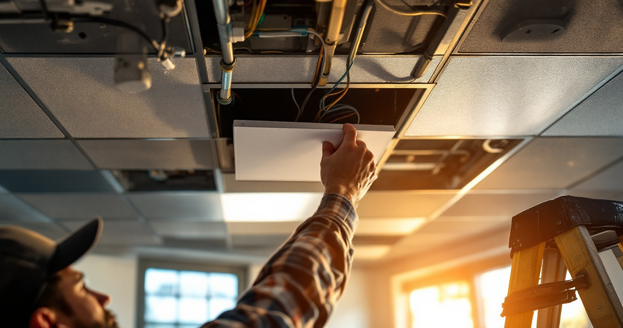 Installer correcting an uneven LED troffer and checking wiring above a suspended ceiling