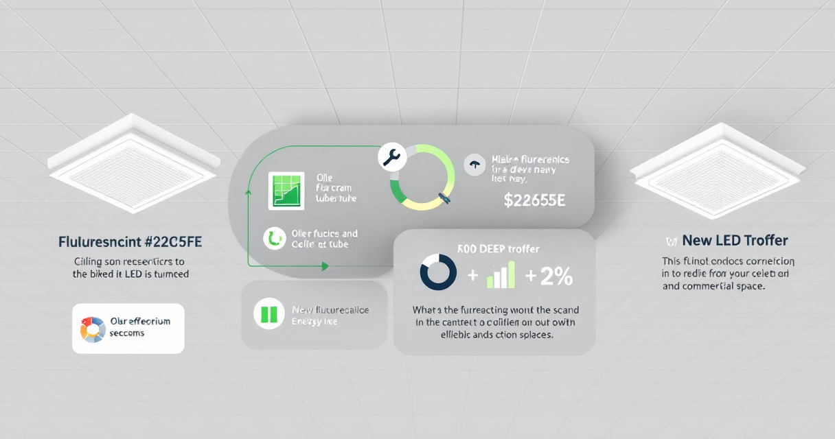 Infographic showing fluorescent drop ceiling troffers transitioning to LED, with three retrofit paths, planning and safety checks, and operational benefits in a modern dashboard-style layout.