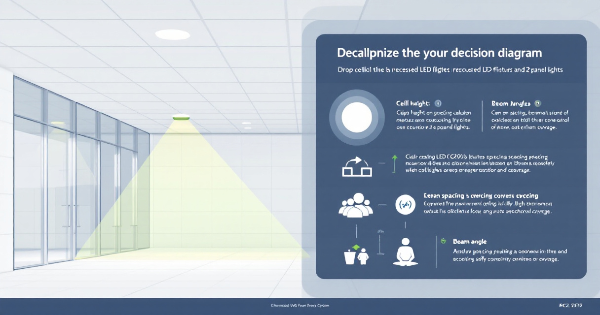 Infographic showing how to plan LED drop ceiling light spacing with ceiling grids, spacing factors, layout patterns, and common mistakes for commercial interiors.