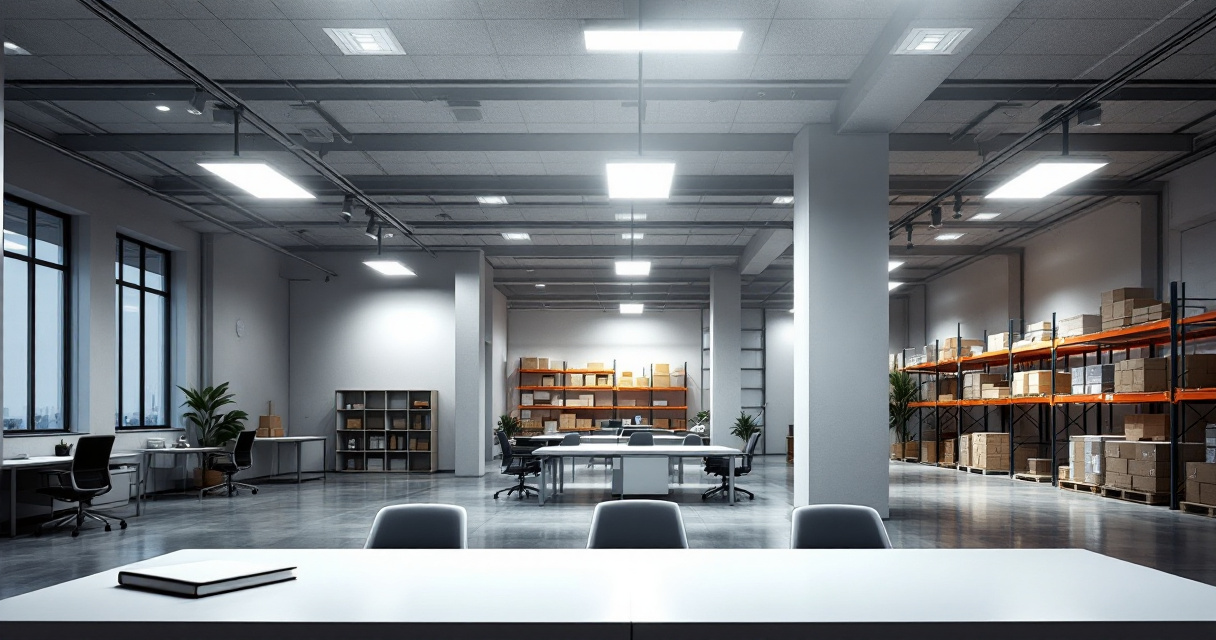 Office, retail, and warehouse ceiling lighting layouts shown in one commercial interior scene