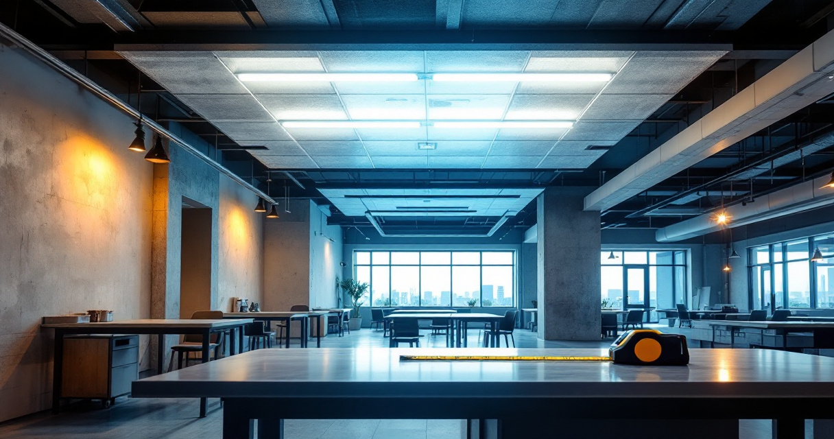 Misaligned drop ceiling lights causing glare, shadows, and uneven light in a commercial room