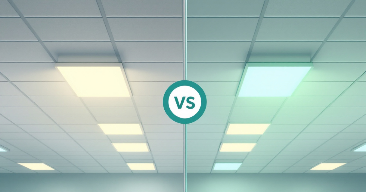 Infographic comparing fluorescent troffers and LED drop ceiling lights with side-by-side performance cards, a central upgrade decision flow, installation steps, and a future-ready timeline.