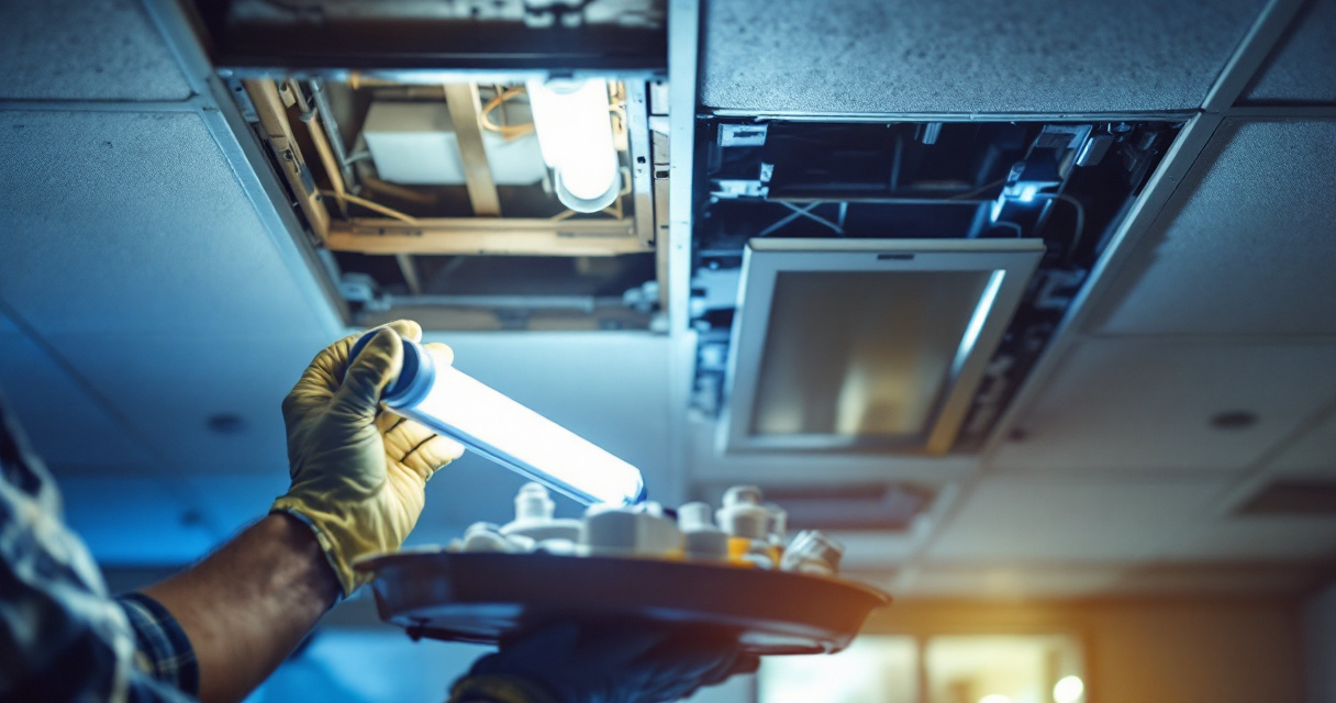 Old fluorescent troffer being replaced by LED panel in a commercial drop ceiling