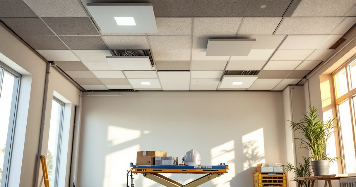 Commercial ceiling renovation scene showing LED troffer replacement planning and ceiling condition