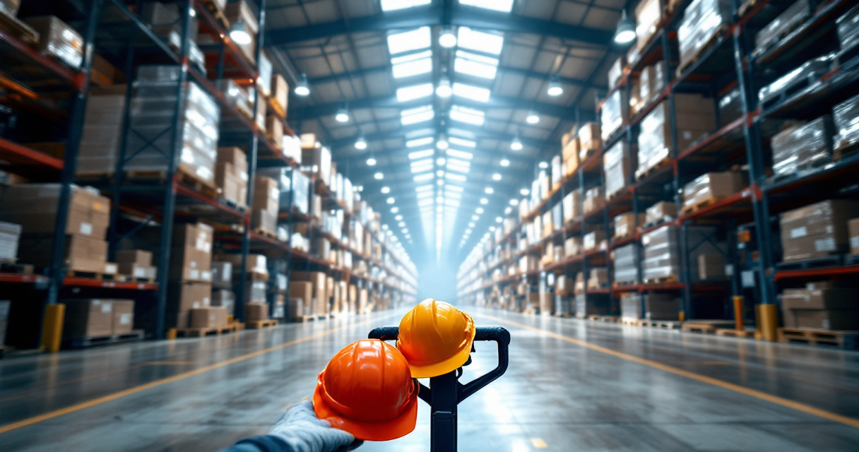 Bright warehouse aisle with LED high bay lights illuminating racks and a green safety helmet on pallet jack