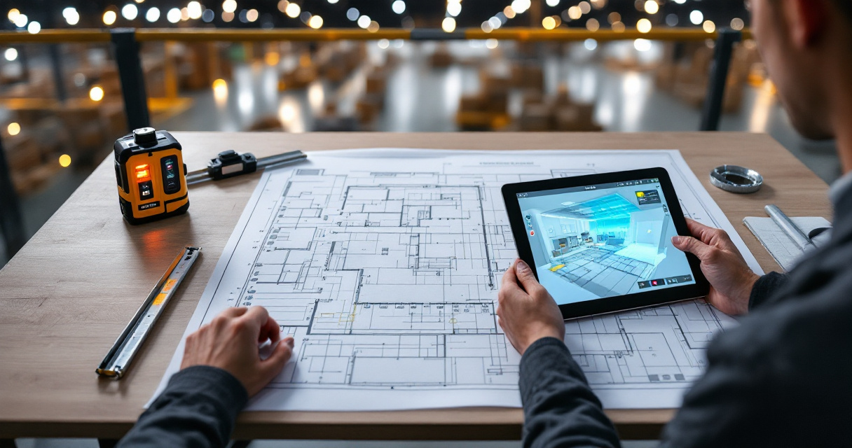 Warehouse lighting planning table with tablet simulation and sample LED high bay fixture