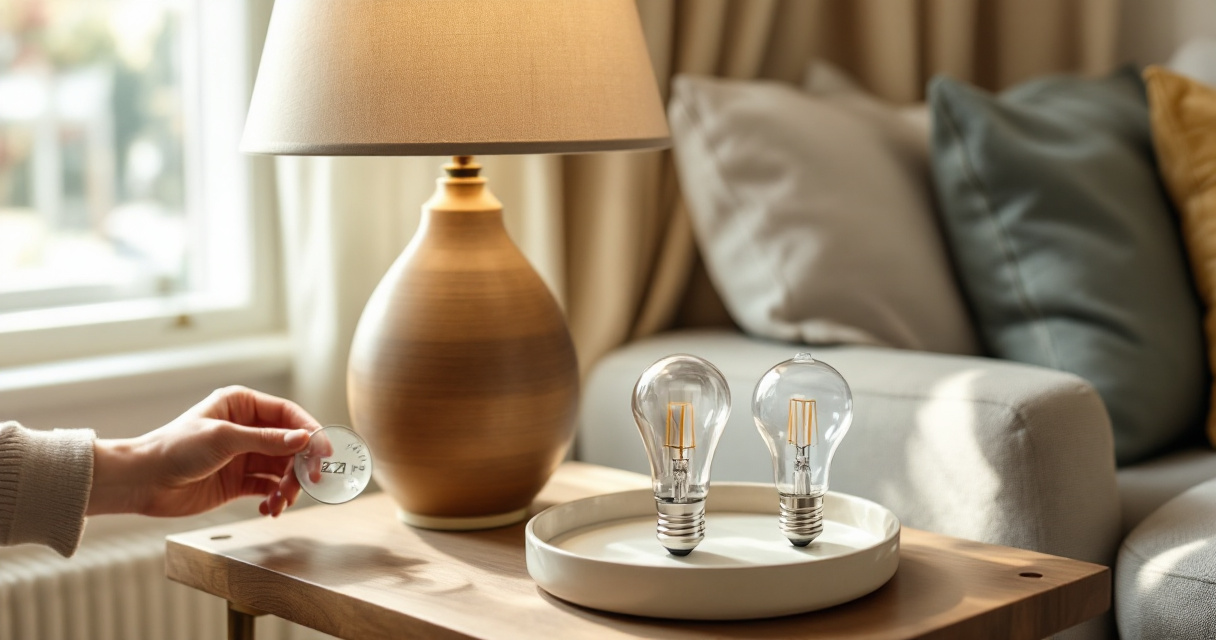 LED bulb shapes and bases compared beside a table lamp for proper fit