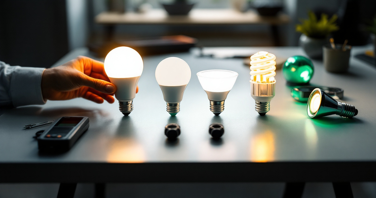 Commercial buyer comparing LED bulb shapes, bases, output tools, and color quality samples