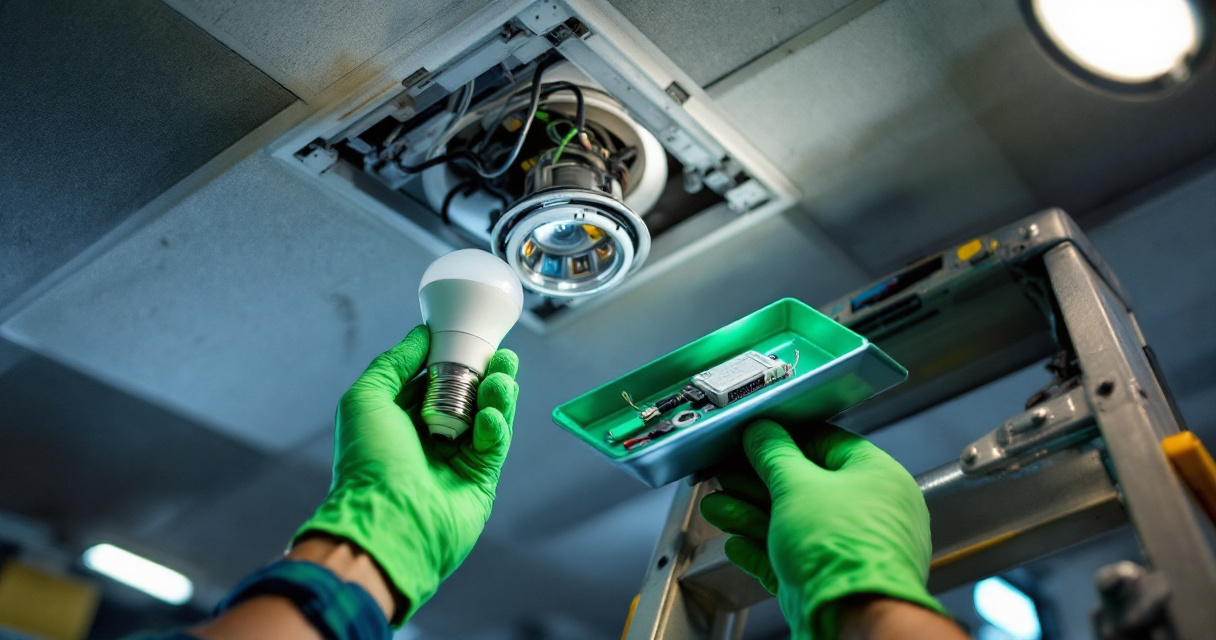 Contractor checking LED retrofit bulb fit, socket compatibility, ballast, and dimmer risks