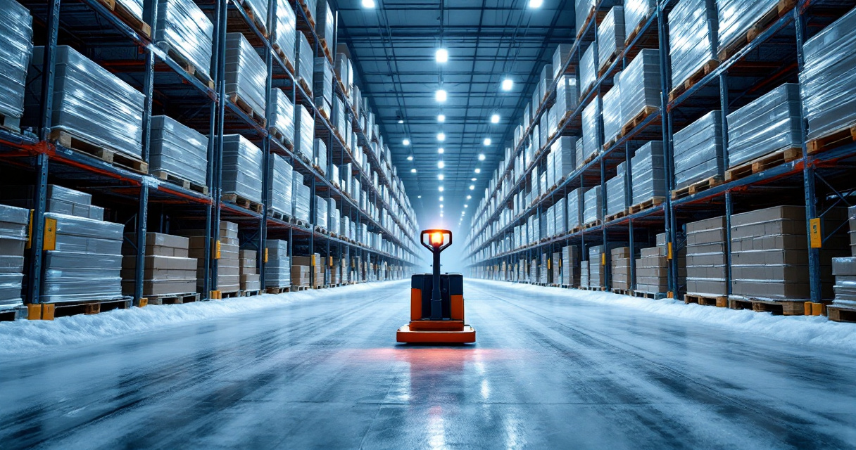 LED high bay lighting illuminating frozen warehouse aisle with frost and pallet racks