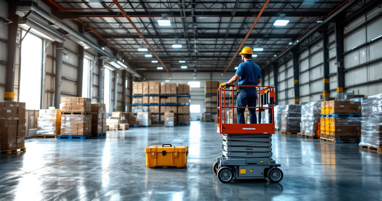 Technician installing LED high bay fixture in cold storage warehouse retrofit