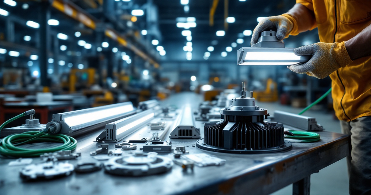 Technician comparing LED high bay and linear fixtures on workbench inside manufacturing facility