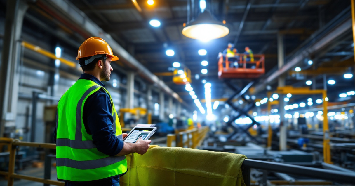 Scissor lift installing LED high bay lighting during active factory upgrade planning