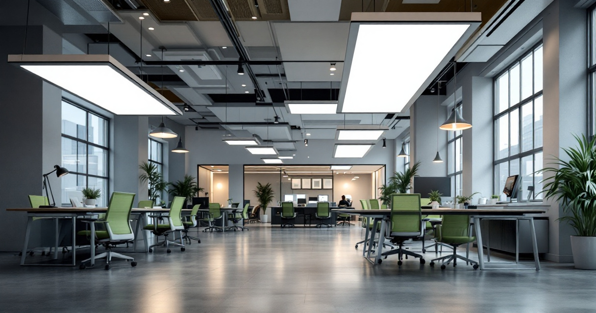 Modern office ceiling showing LED panel lights, linear pendants, and recessed downlights in a commercial workspace
