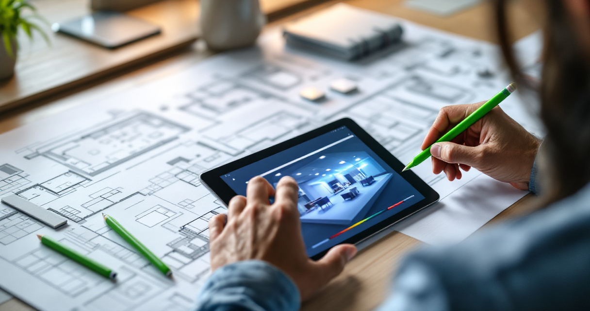 Designer planning efficient LED lighting layout over open office floor plan with fixture samples