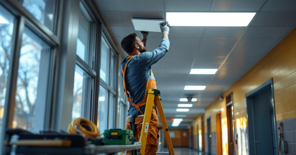 School maintenance worker installing LED panel lighting in hallway during energy‑efficient retrofit