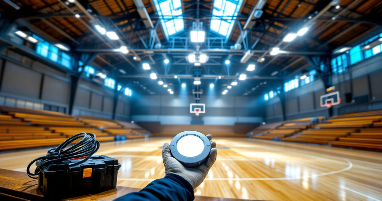 Technician inspecting LED high bay light in indoor basketball gym ceiling installation scene