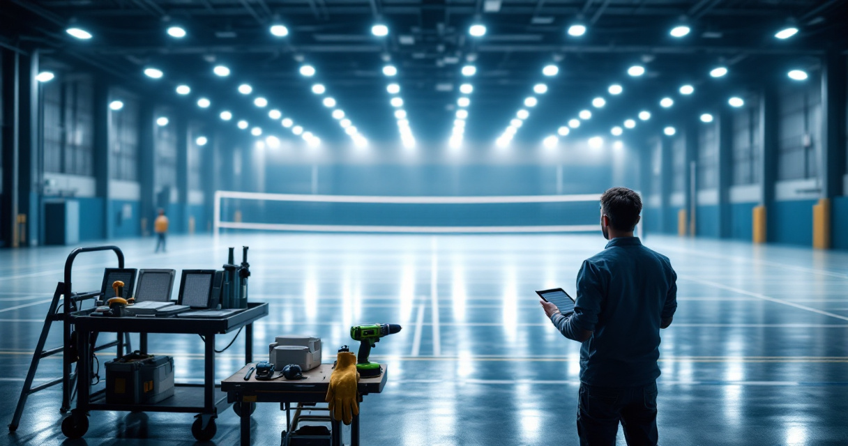 Facility manager reviewing bright energy-efficient LED lighting in indoor sports facility