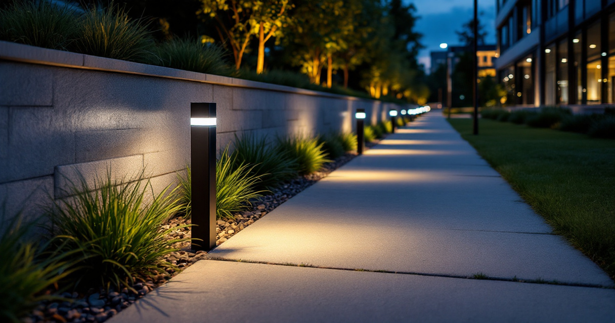 Different LED pathway fixtures including bollards and step lights along a commercial landscape walkway
