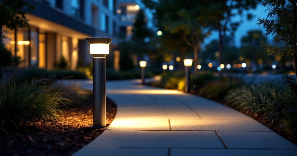 Energy-efficient LED bollard lights illuminating a commercial pathway with sustainable landscape design