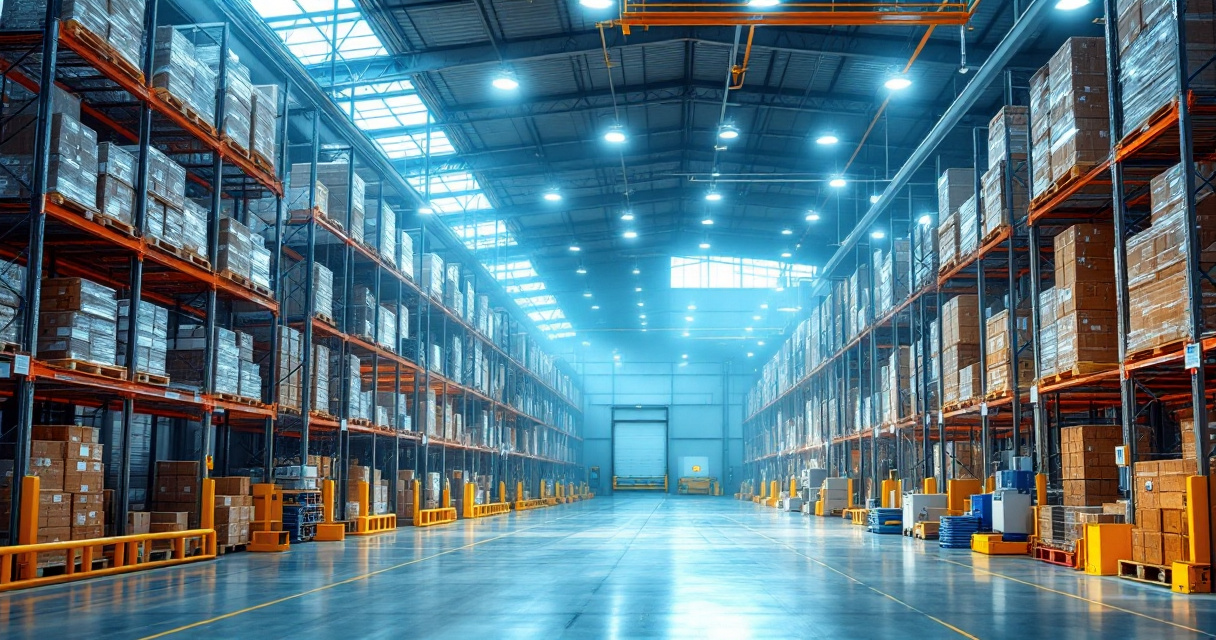 Different LED fixture types illuminating warehouse aisles, racks, and loading zones