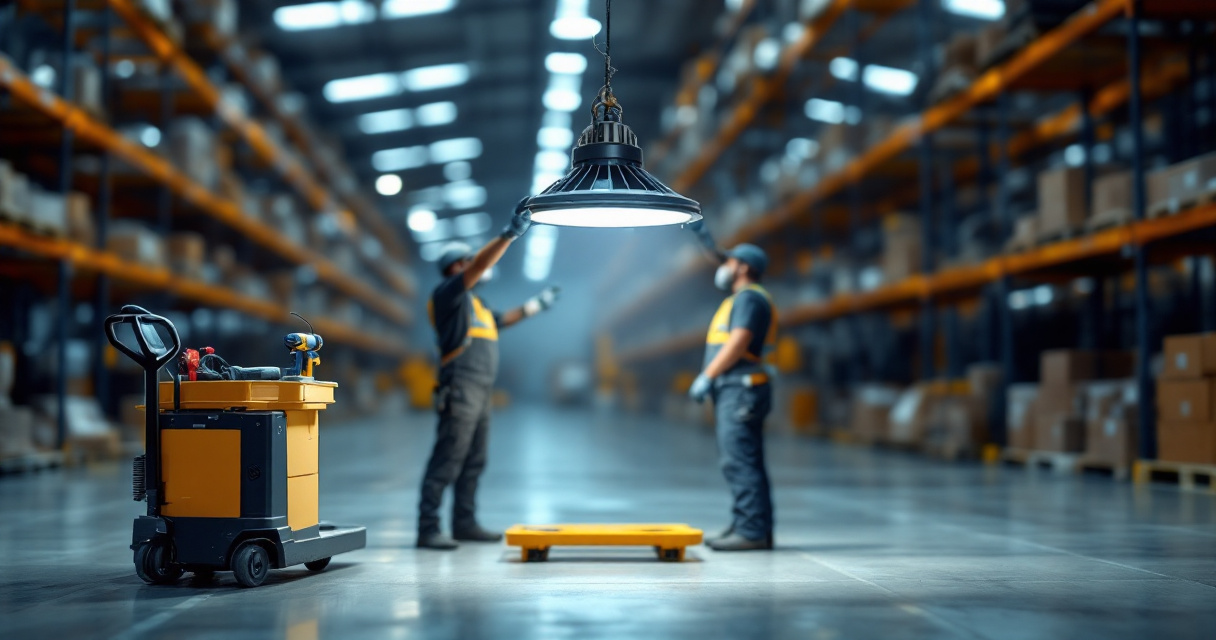 Technician installing LED high bay light during warehouse lighting upgrade