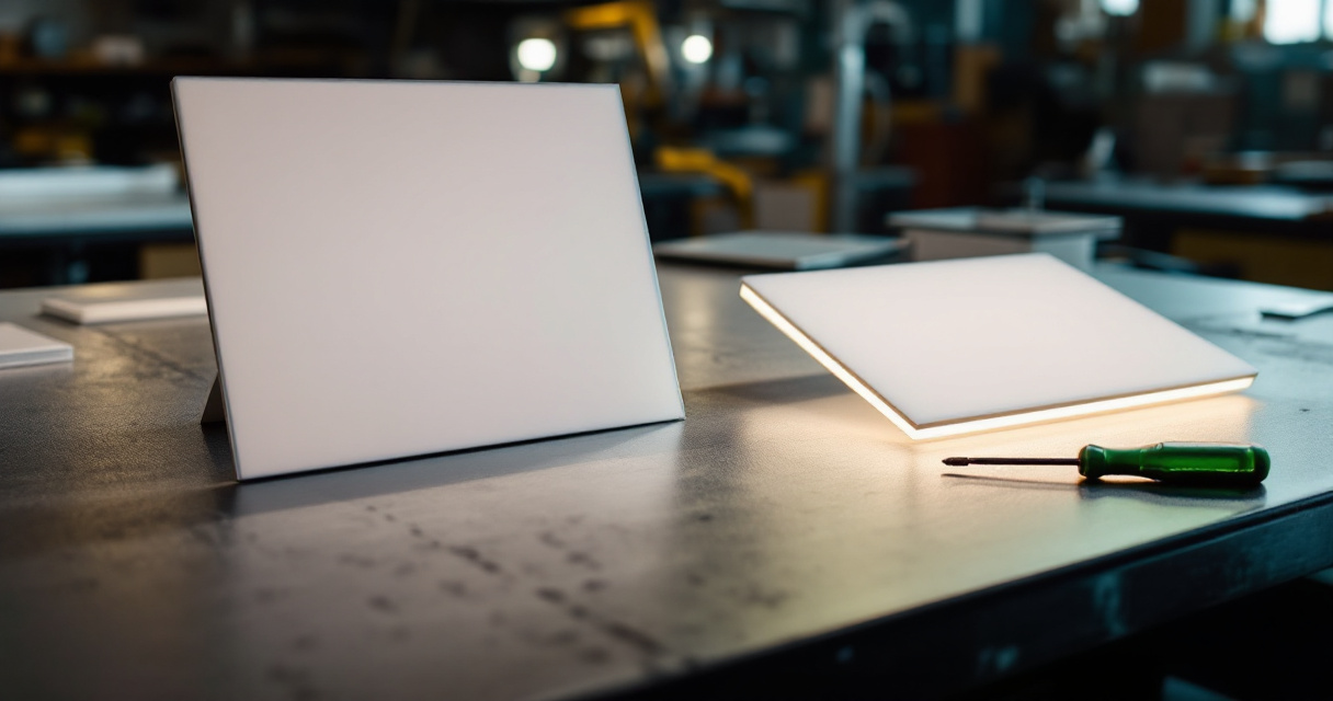 Back-lit and edge-lit LED panel lights compared on a showroom workbench