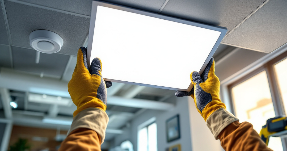 Contractor installing a flat LED panel in a commercial suspended ceiling grid