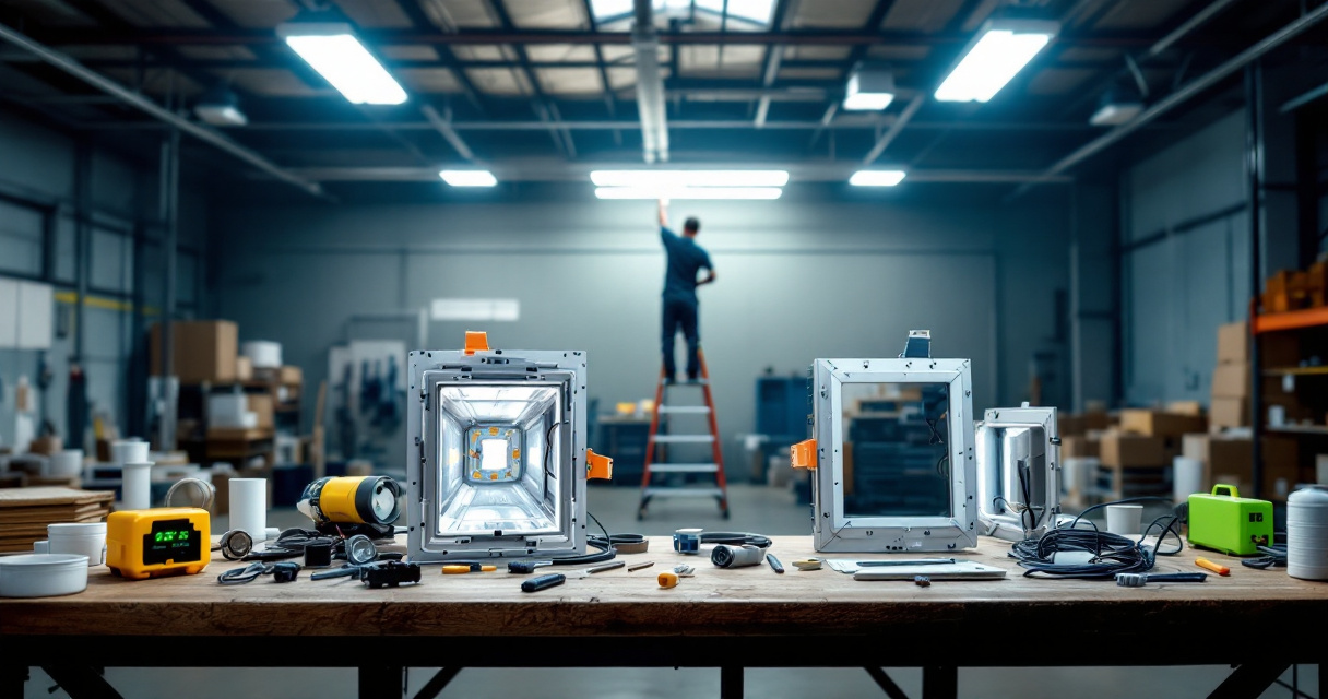 Workbench comparing LED retrofit kit components and a full commercial LED fixture during installation