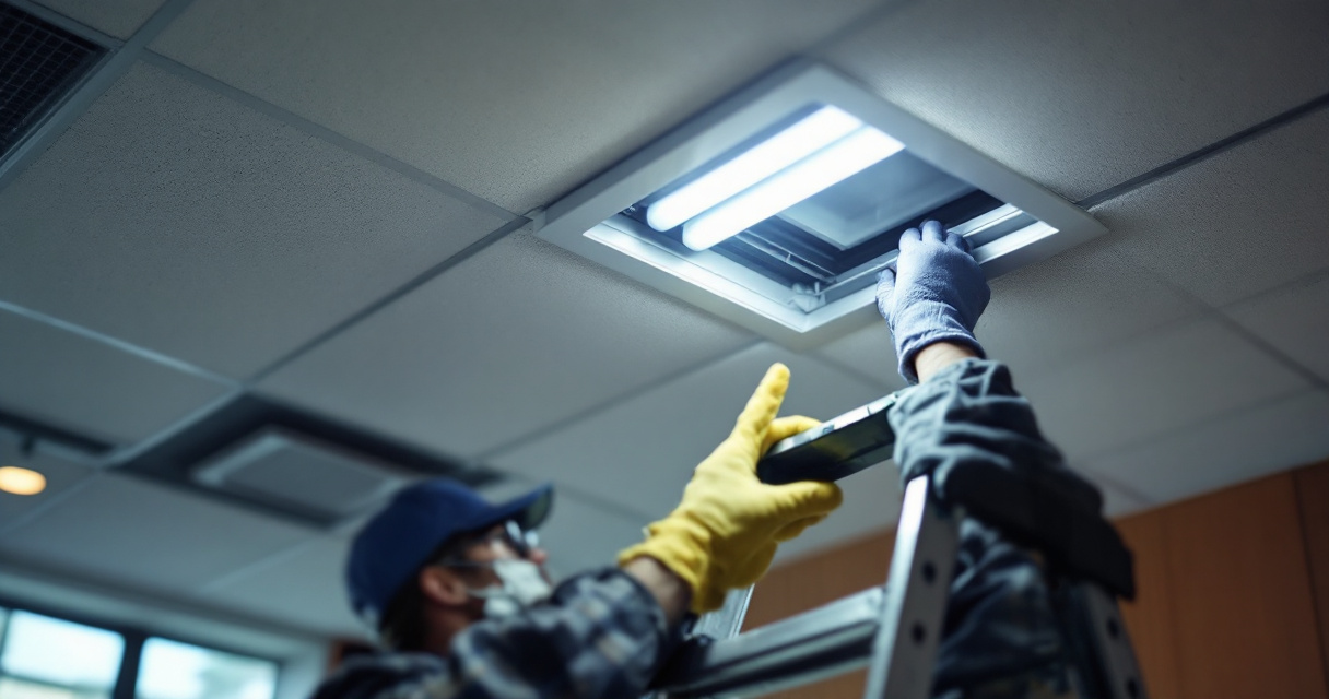 Technician installing LED retrofit kit into existing recessed office troffer housing