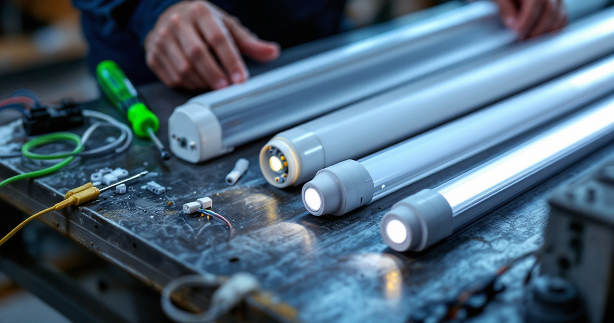Different LED tube light types displayed on a commercial lighting workbench with retrofit components