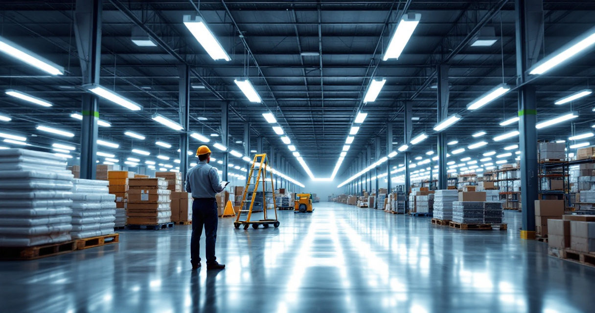 Warehouse aisle brightly lit by LED tube fixtures during commercial lighting upgrade