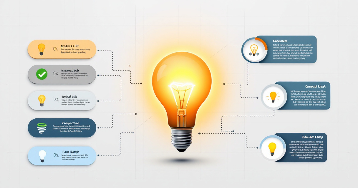 Modern infographic showing how to choose commercial lighting bulbs by type, shape, base, brightness, color quality, and efficiency.