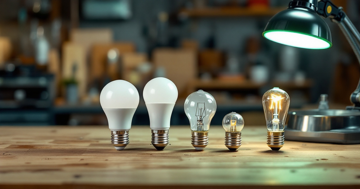 Commercial lighting bulbs arranged on a contractor workbench for type comparison