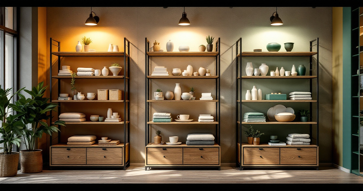 Retail shelves under different lighting qualities showing brightness and color rendering effects