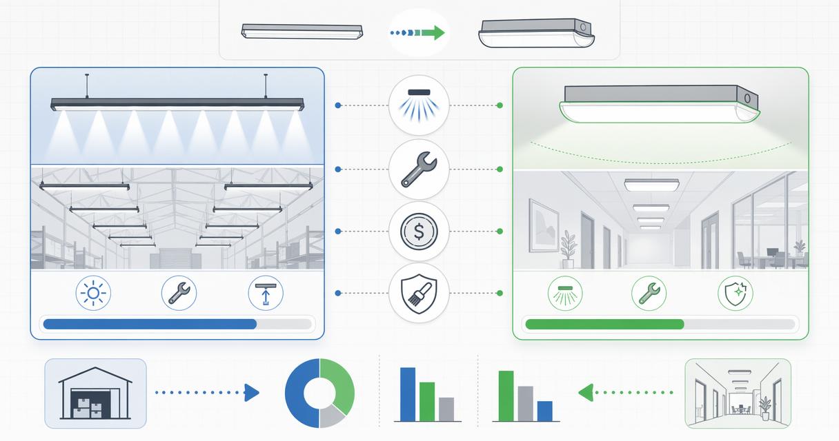Side-by-side infographic comparing linear strip lights and wraparound lights for commercial use, showing light output, glare control, installation, cost, and maintenance.