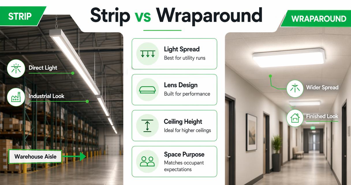 Side-by-side comparison of linear strip lights and wraparound lights in commercial spaces.