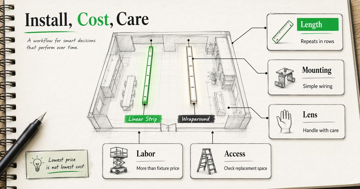 Annotated installation and maintenance diagram for strip and wraparound commercial lights.