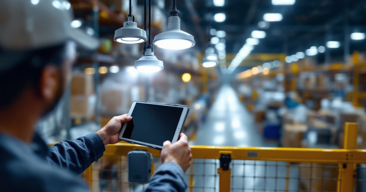 Consultant comparing motion sensor LED fixture types in a commercial warehouse aisle