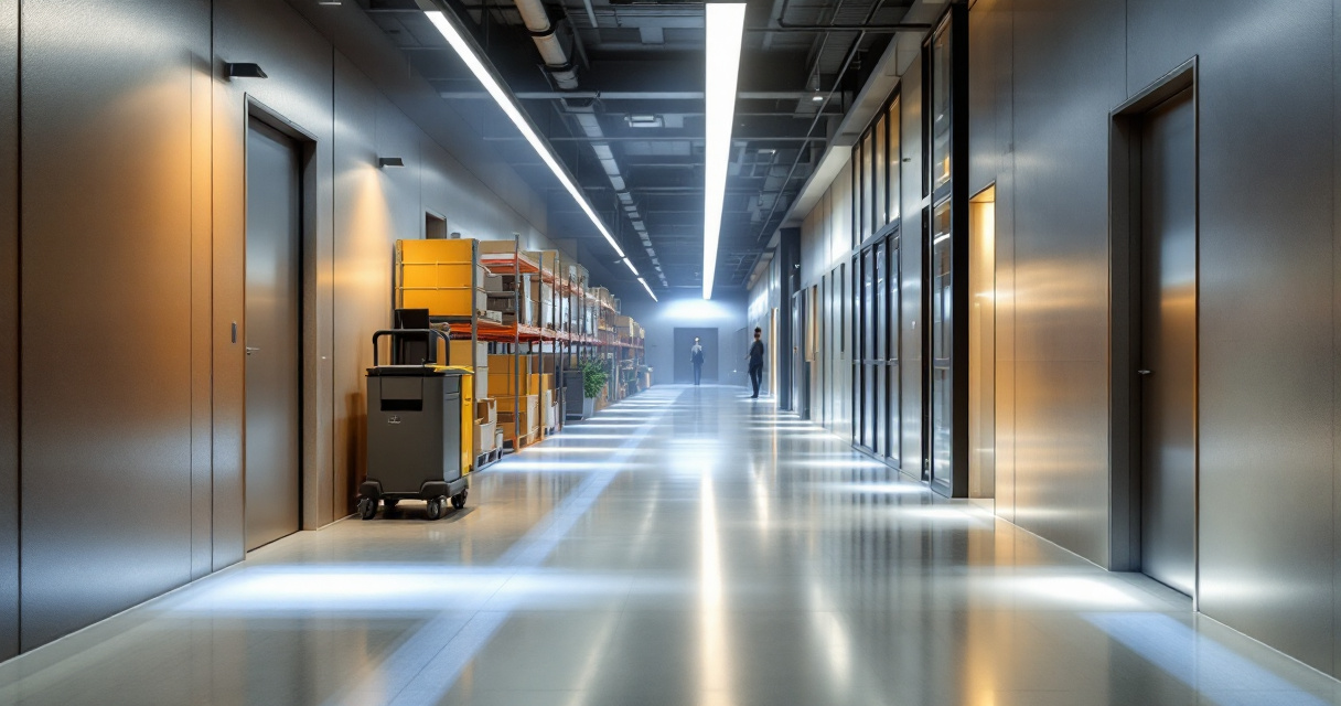 Commercial building interior with motion sensor LED lighting in practical high-traffic zones