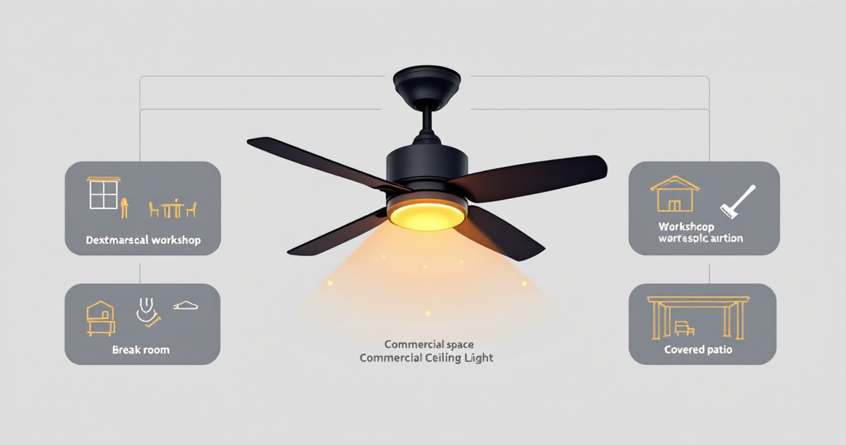 Infographic showing how commercial overhead fan lights combine airflow, illumination, mounting safety, and buying considerations.