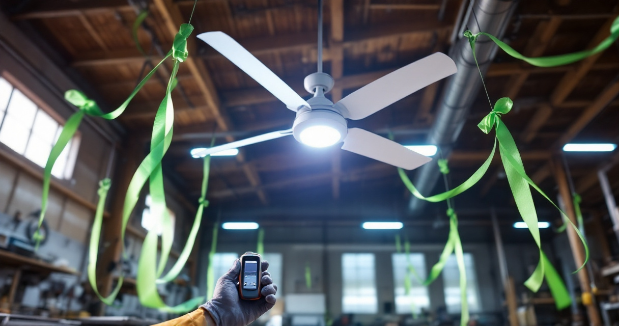 Commercial workshop fan light showing balanced brightness and airflow measurement